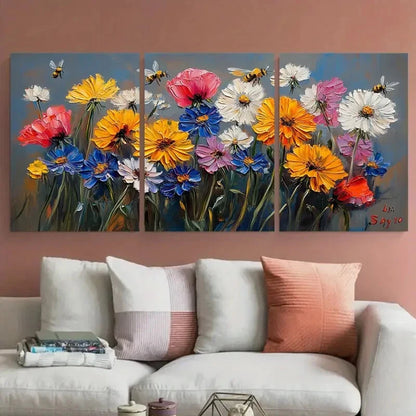 3pcs Poppy Flowers Cornflowers Honeybee Metal Print Ready to Hang Art