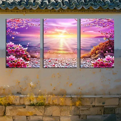3pcs Serene Cherry Blossom Lake with Sunrise Scene Metal Print Ready to Hang Art