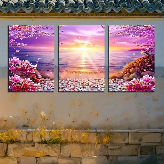 3pcs Serene Cherry Blossom Lake with Sunrise Scene Metal Print Ready to Hang Art