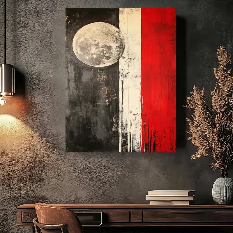 Beautiful Black & Red Stripes & Full Moon Painting 40x60cm Metal Print Ready to Hang