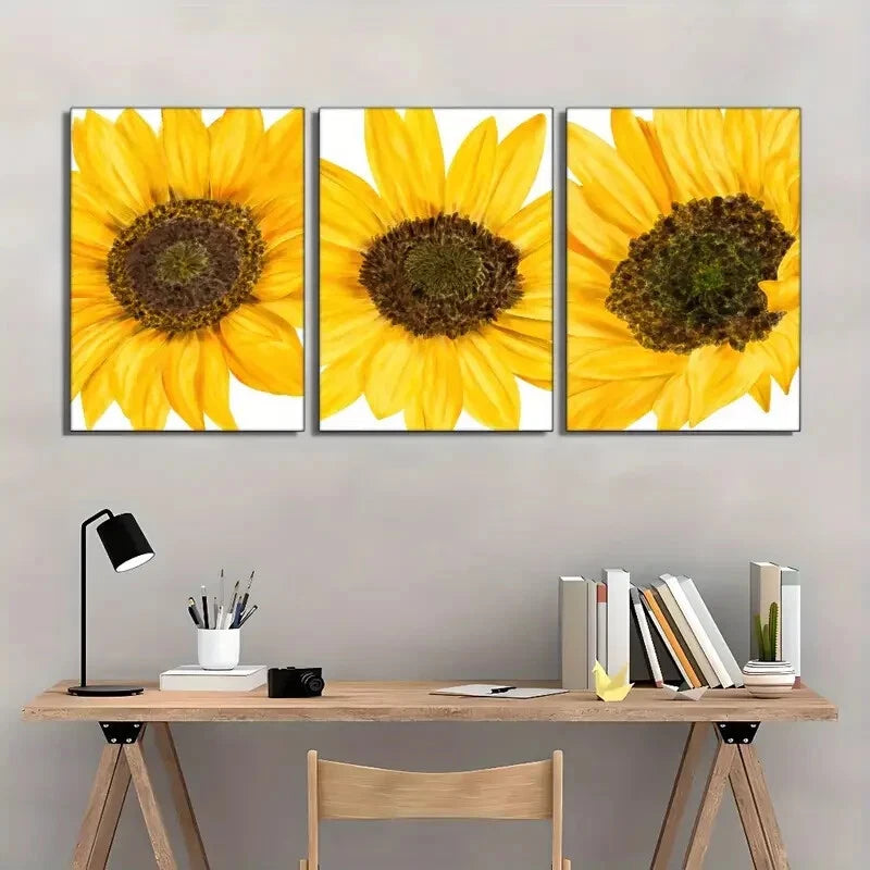 3pcs Sunflower Vibrant Yellow Floral Prints Metal Print Ready to Hang Art