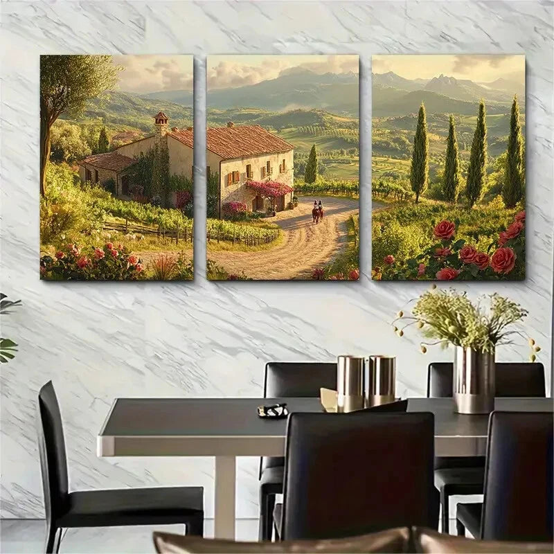 3pcs Romantic Spring Scene with Stone Farmhouse Metal Print Ready to Hang Art