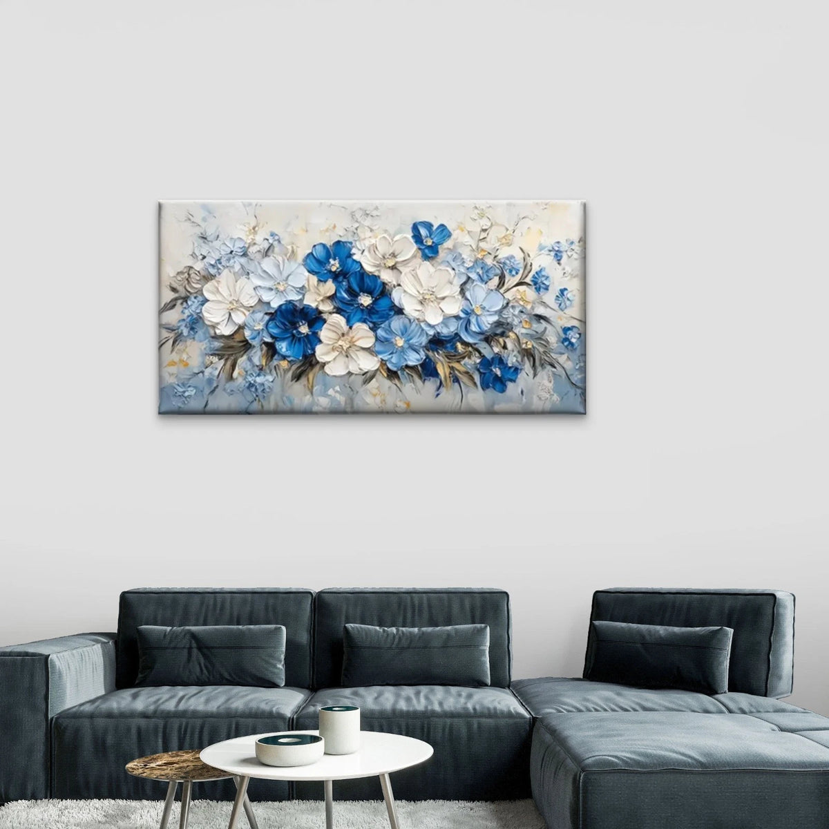 Blue Flowers White Wall Art Canvas Office Home Room Framed 120x60cm