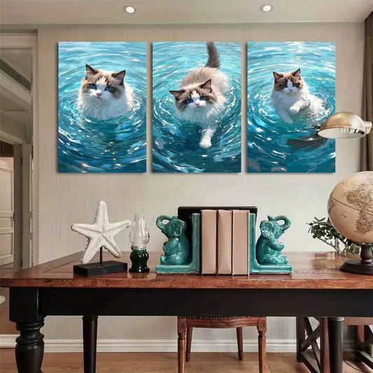 3pcs Adorable Floating Cats in Blue Water Metal Print Ready to Hang Art