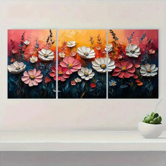 3pcs Pink Meadow & Wildflower Textured Perfect Wall Art Set Canvas Framed 40x60cm - High Quality Print 100% Australian Made Wall Canvas Ready to Hang