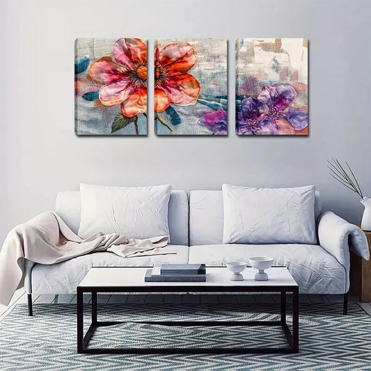 3pcs Red Flowers And Purple Leaves Décor Perfect Wall Art Set Canvas Framed 40x60cm - High Quality Print 100% Australian Made Wall Canvas Ready to Hang