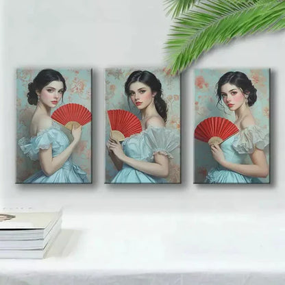 3pcs Elegant Girl with Red Fan Canvas Framed 60x90cm - High Quality Print 100% Australian Made Wall Canvas Ready to Hang