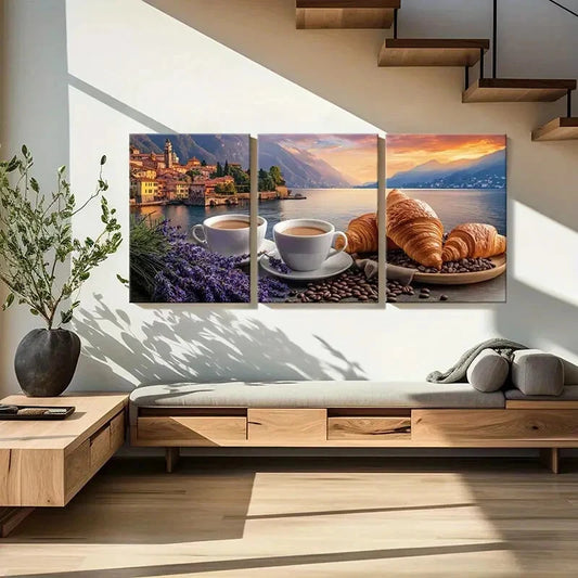 3pcs Morning Serenity Croissant Coffee Metal Print Ready to Hang Art