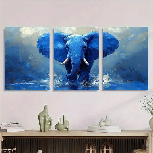 3pcs Blue Elephant Animal Modern Metal Print Ready to Hang Art