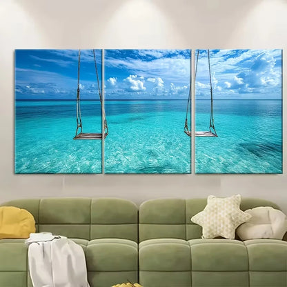3pcs Tropical Exotic Water Swings Blue Seascape Metal Print Ready to Hang Art