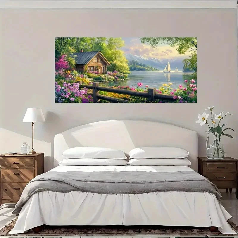 Minimalist Lakeside Houses Wall Art Canvas Office Home Room Framed 120x60cm