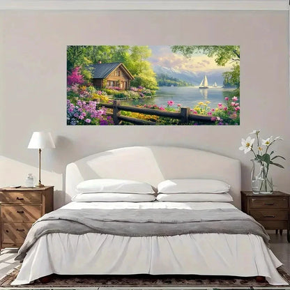 Minimalist Lakeside Houses Wall Art Canvas Office Home Room Framed 120x60cm