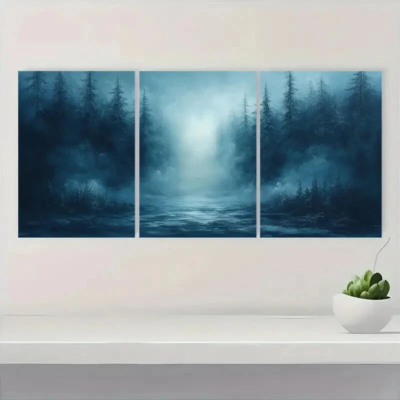 3pcs Minimalist Modern Abstract Misty Forest Metal Print Ready to Hang Art