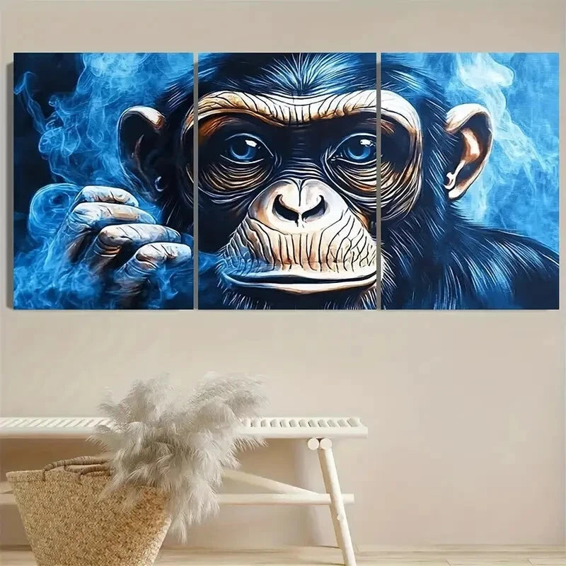 3pcs Smoke Monkeys Blue Modern Metal Print Ready to Hang Art