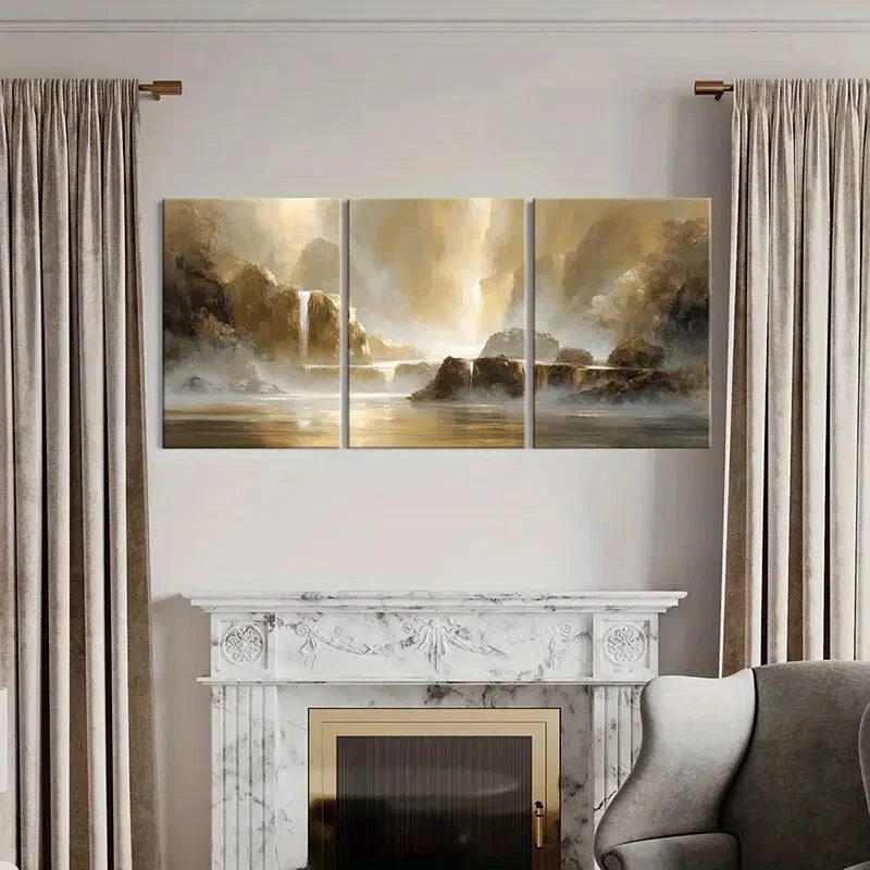 3pcs Golden Light Mountain Scenery Abstract Metal Print Ready to Hang Art