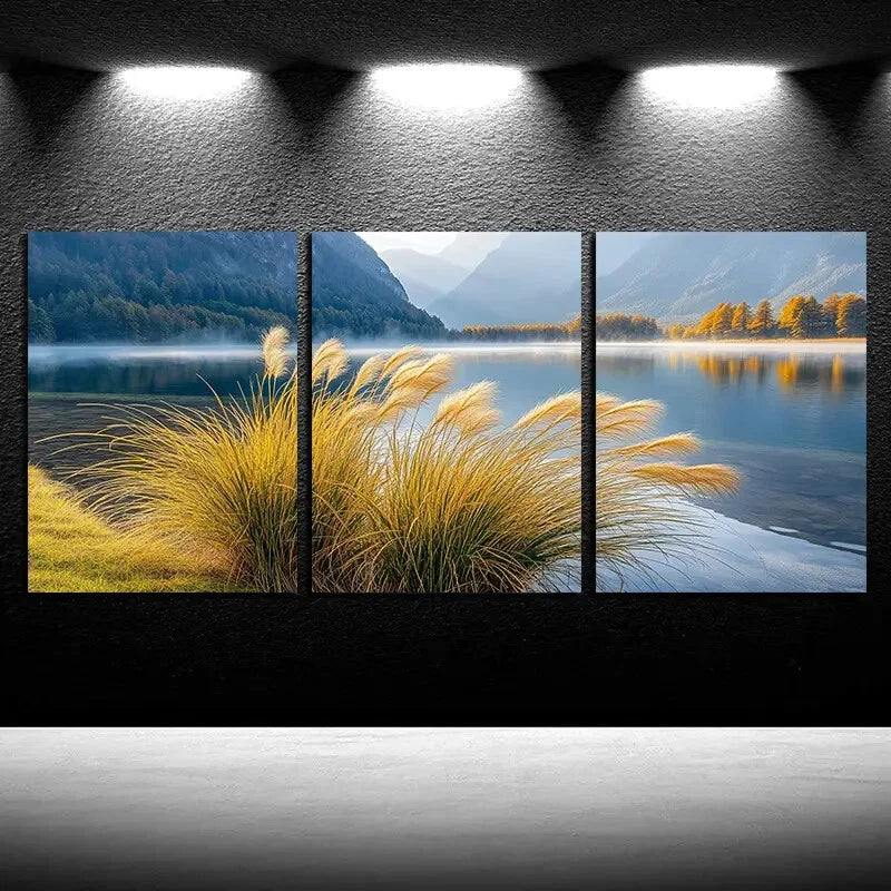 3pcs Reeds by the Lake Nature-Themed Scenery Metal Print Ready to Hang Art