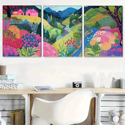 3pcs Colorful Countryside Flowers Hills Wall Art Set Canvas Unframed - High Quality Print 100% Australian Made Wall Canvas