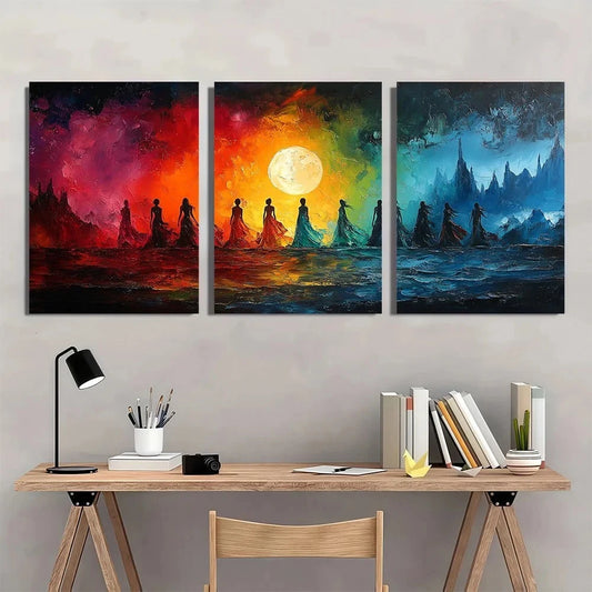 Three colorful paintings of people in a boat on a wall above a desk.