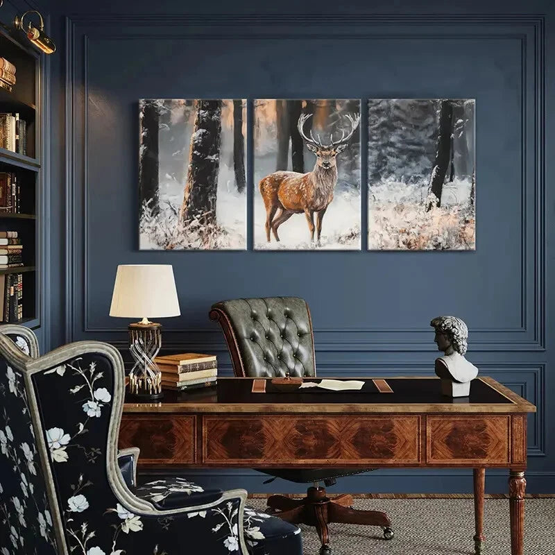 3pcs Winter Forest Deer Art Snowy Landscape Metal Print Ready to Hang Art