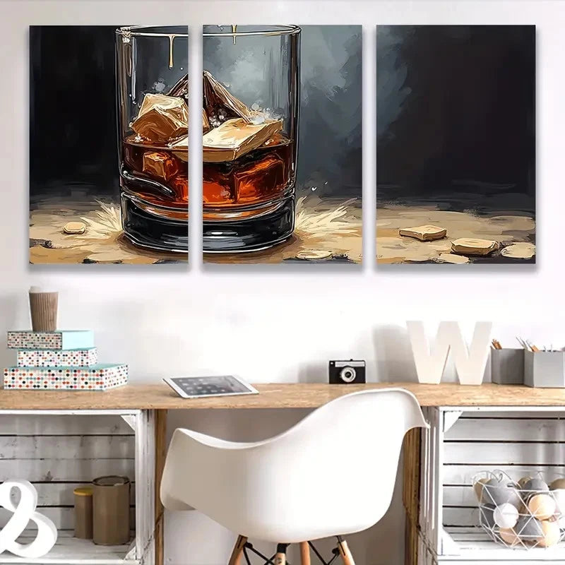 3pcs Golden Whiskey Glass Canvas Painting Wall Art Set Canvas Framed 40x60cm - High Quality Print 100% Australian Made Wall Canvas Ready to Hang