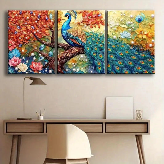 3pcs Peacock on The Tree Life Metal Print Ready to Hang Art