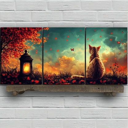 3pcs Red Florals Kitten And Lantern Metal Print Ready to Hang Art