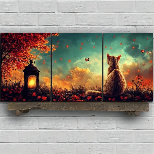 3pcs Red Florals Kitten And Lantern Metal Print Ready to Hang Art