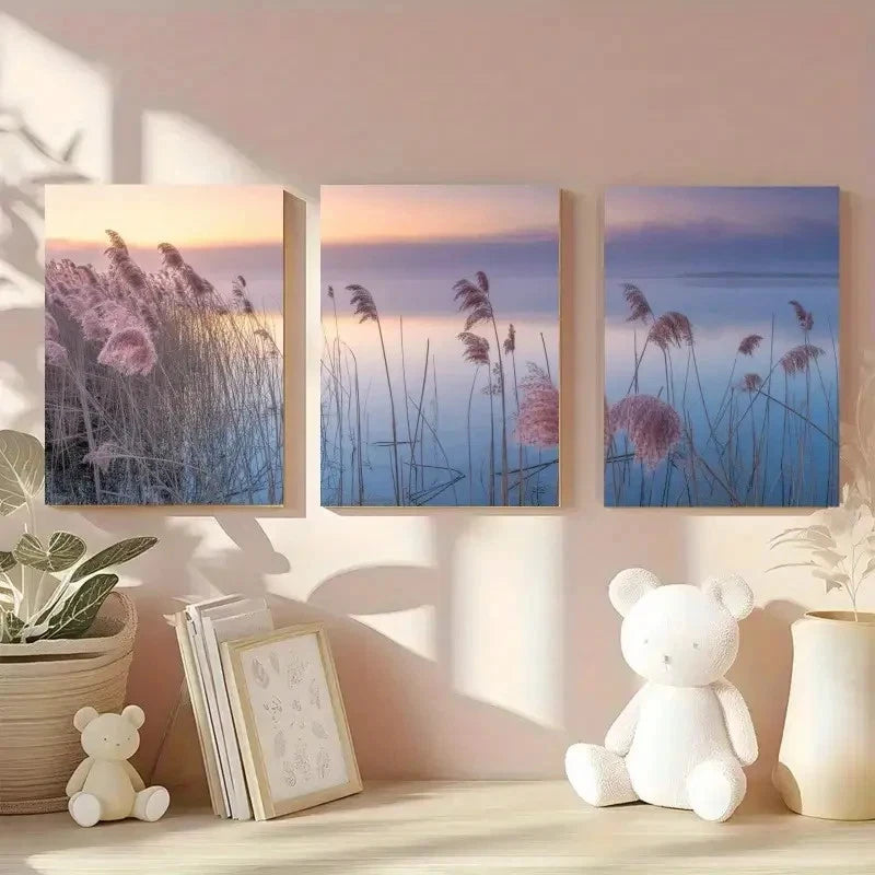 3pcs Natural Sunset Pampas Grass Painting Metal Print Ready to Hang Art