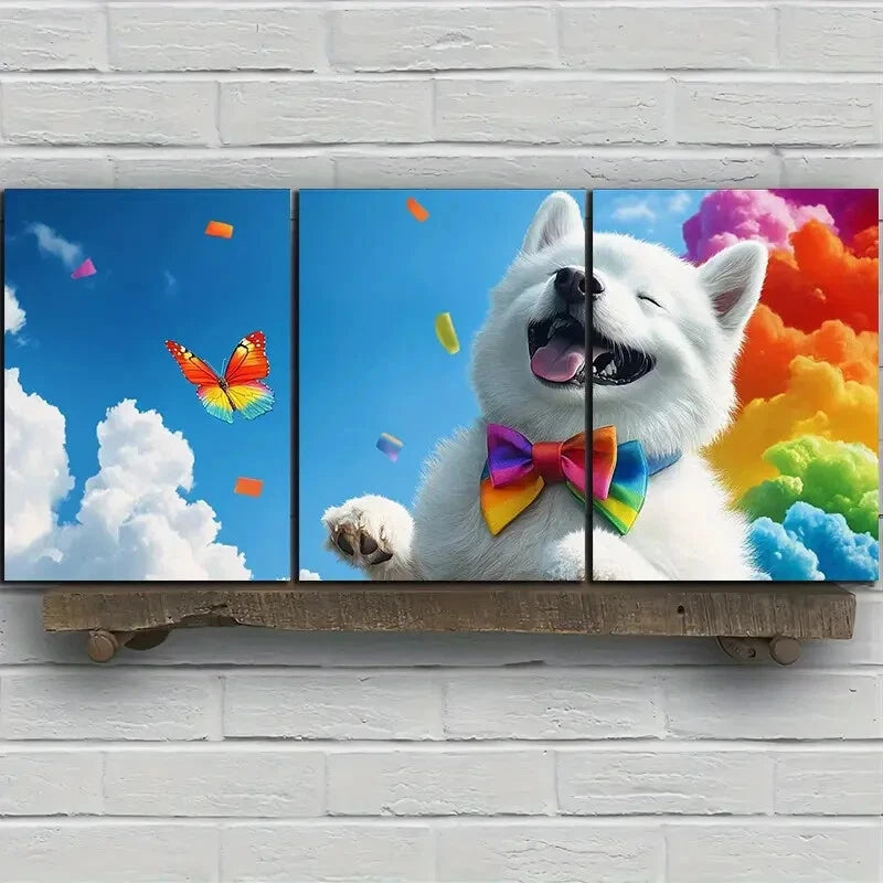 3pcs The Smiling Dog Under The Rainbow Metal Print Ready to Hang Art