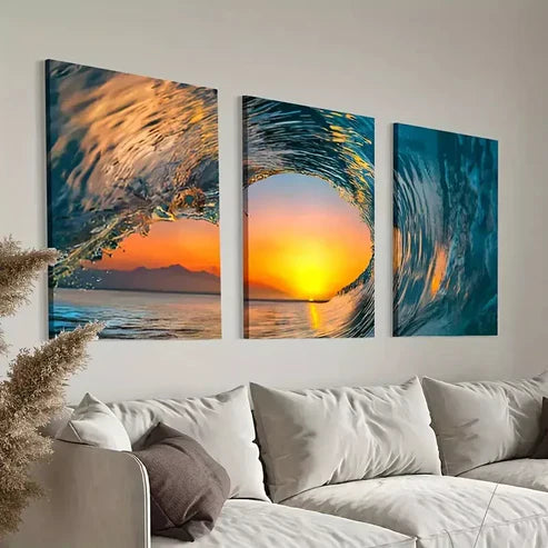3pcs Ocean Great Wave Surfing and Sunset Canvas Framed 60x90cm - High Quality Print 100% Australian Made Wall Canvas Ready to Hang