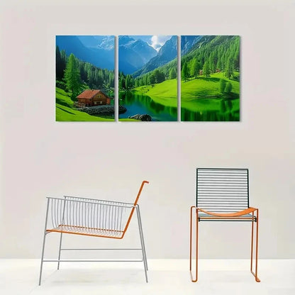 3pcs Scenic Mountain Lake Cabin Nature Metal Print Ready to Hang Art