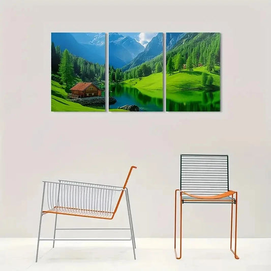 3pcs Scenic Mountain Lake Cabin Nature Metal Print Ready to Hang Art