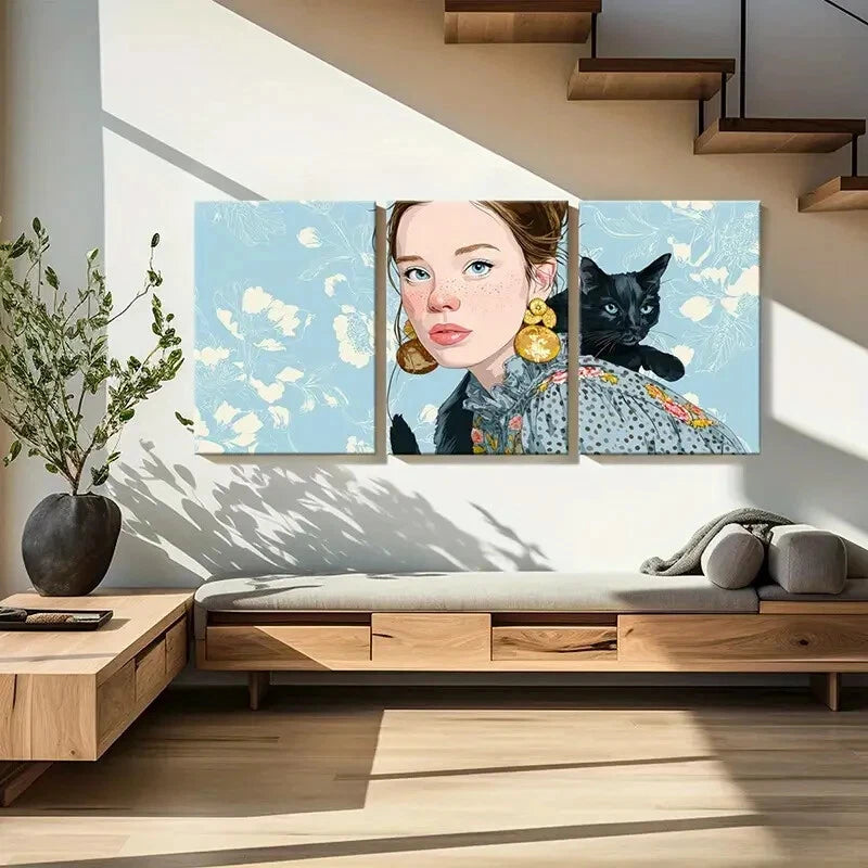 3pcs Woman Portrait Black Cat Floral Background Metal Print Ready to Hang Art