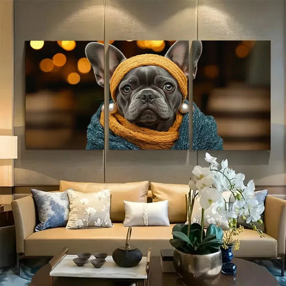 3pcs French Bulldog with Pearl Earring Metal Print Ready to Hang Art
