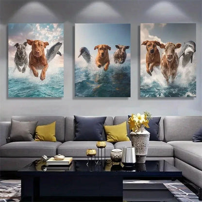 3pcs Funny Animals Dogs Cows and Dolphins Jumping Metal Print Ready to Hang Art