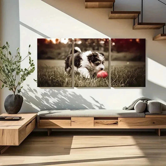 3pcs Puppy Playing Ball On Lawn Decor Wall Art Set Canvas Framed 40x60cm - High Quality Print 100% Australian Made Wall Canvas Ready to Hang