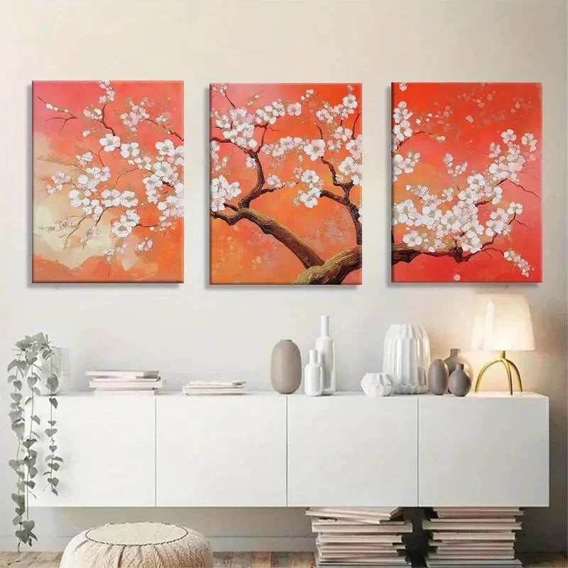 3pcs Vibrant Cherry Blossom Elegant White Flowers Metal Print Ready to Hang Art