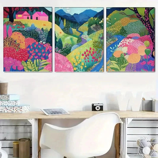 3pcs Colorful Countryside Flowers Hills Perfect Wall Art Set Canvas Framed 40x60cm - High Quality Print 100% Australian Made Wall Canvas Ready to Hang