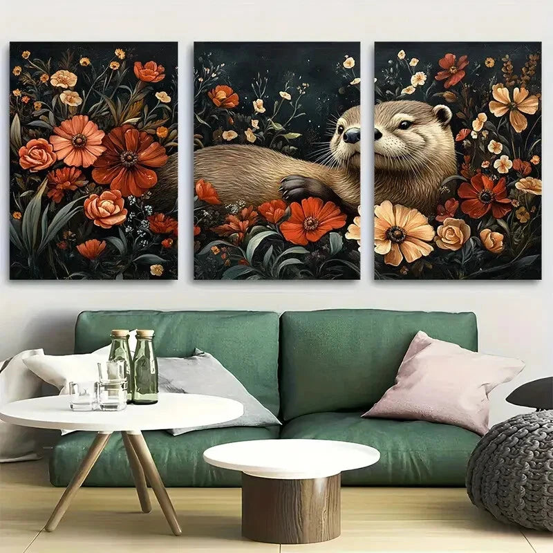 3pcs Otter with Flowers Whimsical Dark Floral Metal Print Ready to Hang Art
