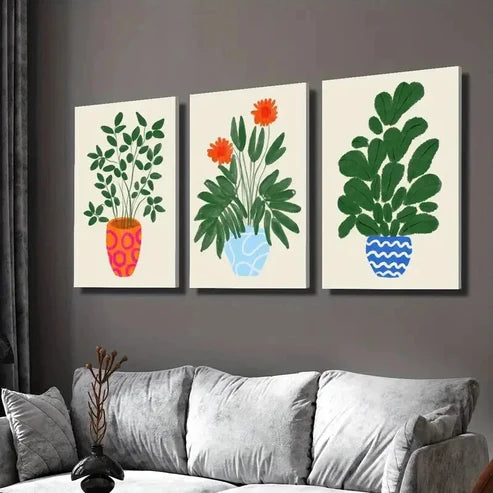 3pcs Tropical Plant Illustrations in Pots Wall Art Set Canvas Unframed - High Quality Print 100% Australian Made Wall Canvas
