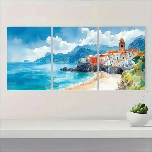3pcs Atrani Italy Landscape Watercolor Triptych Metal Print Ready to Hang Art