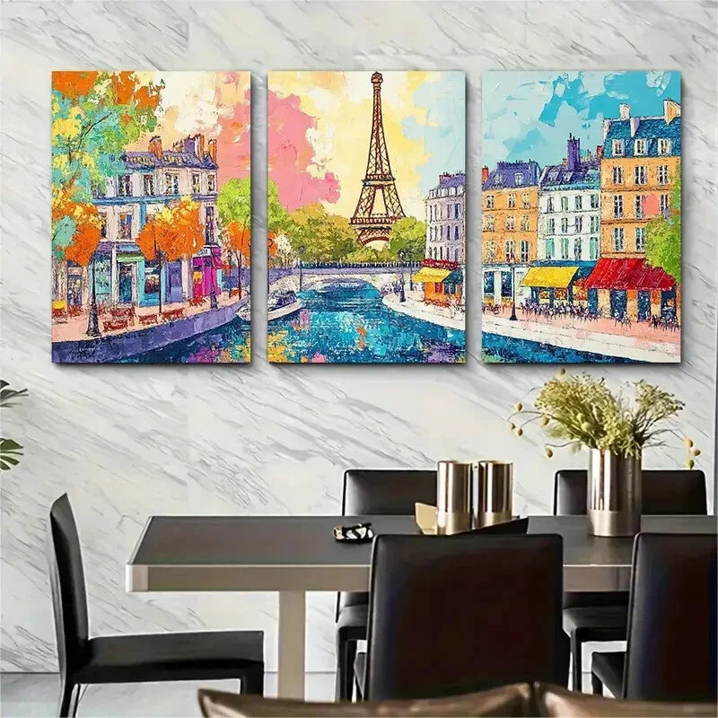 3pcs Vibrant Parisian Canal Travel Scene Metal Print Ready to Hang Art
