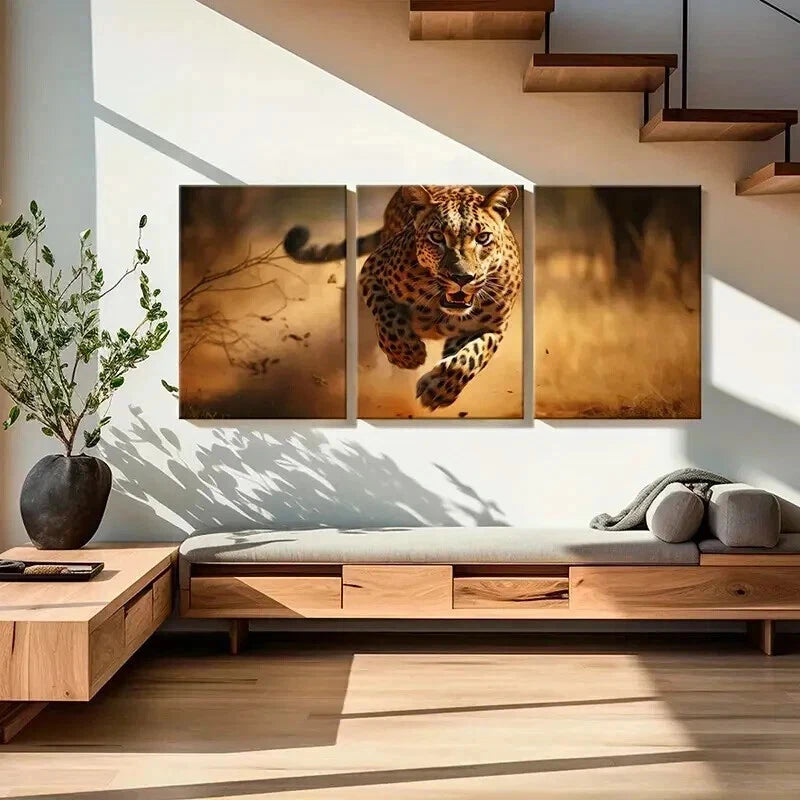 3pcs Cheetah Running in the Grass Wall Art Set Canvas Framed 40x60cm - High Quality Print 100% Australian Made Wall Canvas Ready to Hang