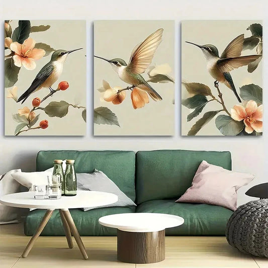 3pcs Elegant Hummingbird with Neutral Tones Metal Print Ready to Hang Art