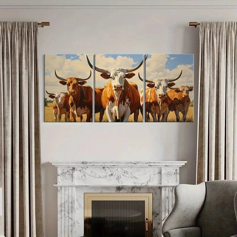 3pcs Longhorn Cattle Landscape Rustic Farmhouse Metal Print Ready to Hang Art