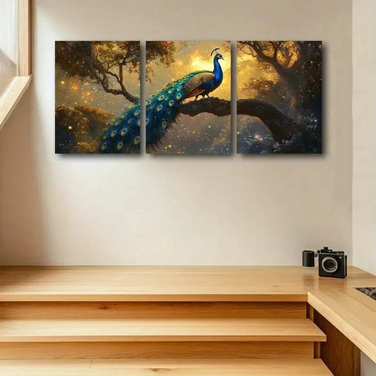 3pcs PeaRooster Bird Themed Golden Themed Metal Print Ready to Hang Art