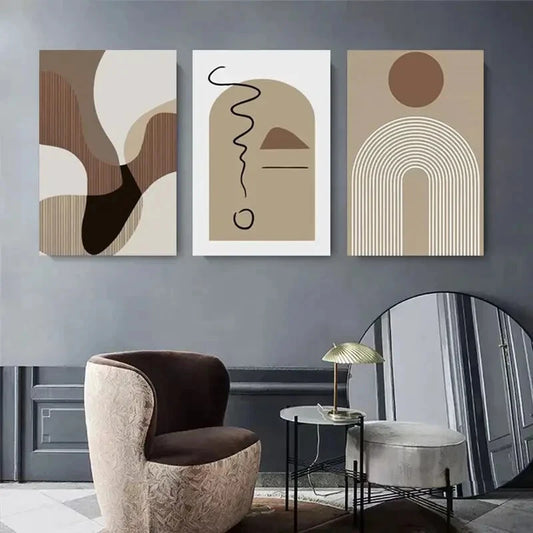 3pcs Abstract Beige Geometric Earth Tones Metal Print Ready to Hang Art