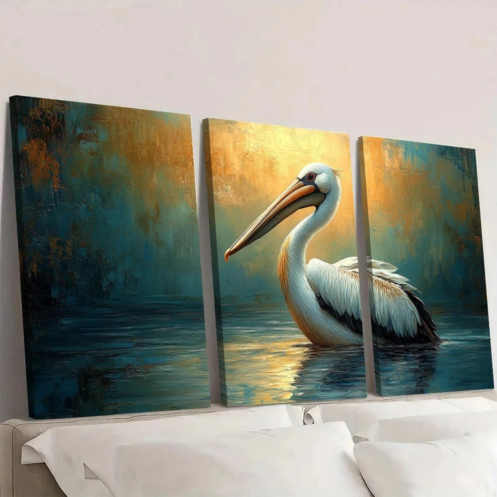 3pcs Pelican Oil Painting Vintage Bird Themed Wall Art Set Canvas Framed 50x70cm - High Quality Print 100% Australian Made Wall Canvas Ready to Hang