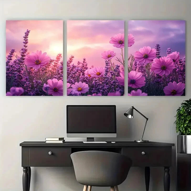 3pcs Pink Wildflowers Purple Skies Illustration Metal Print Ready to Hang Art