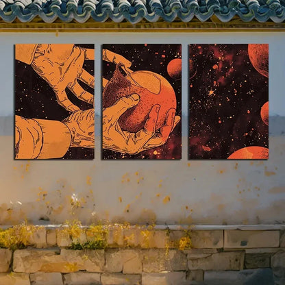3pcs Vibrant Orange Hands Peeling Design Metal Print Ready to Hang Art